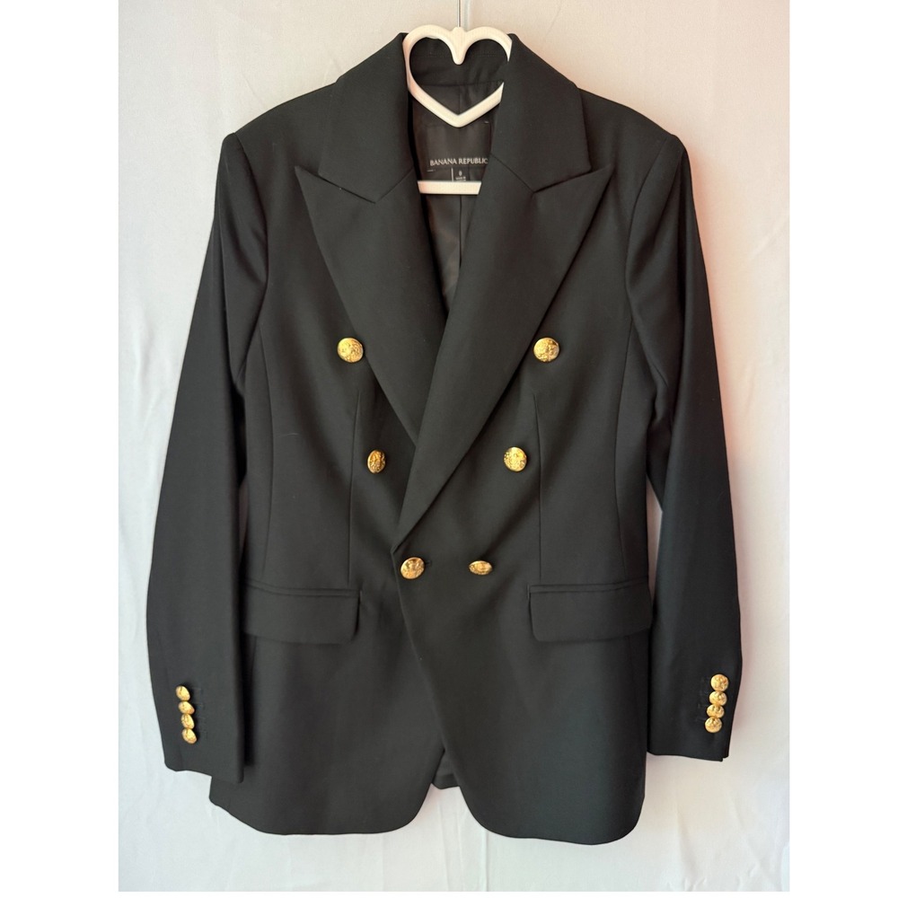Banana Republic Blazer Women 0 Black Captains Double Breasted Gold Button Wool
